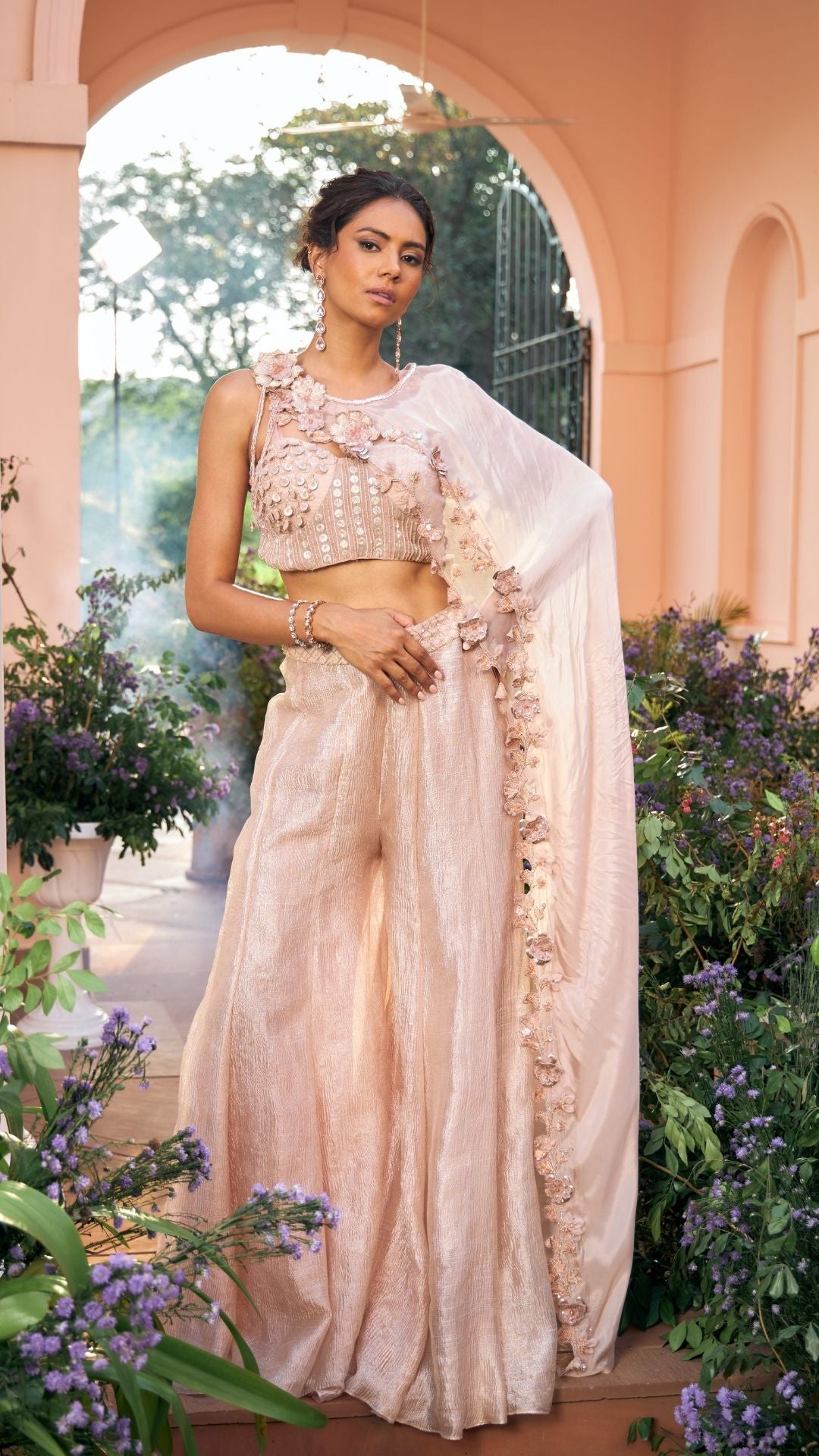 Champagne Organza cape with Crushed Jacquard Stripe & Silk Sharara