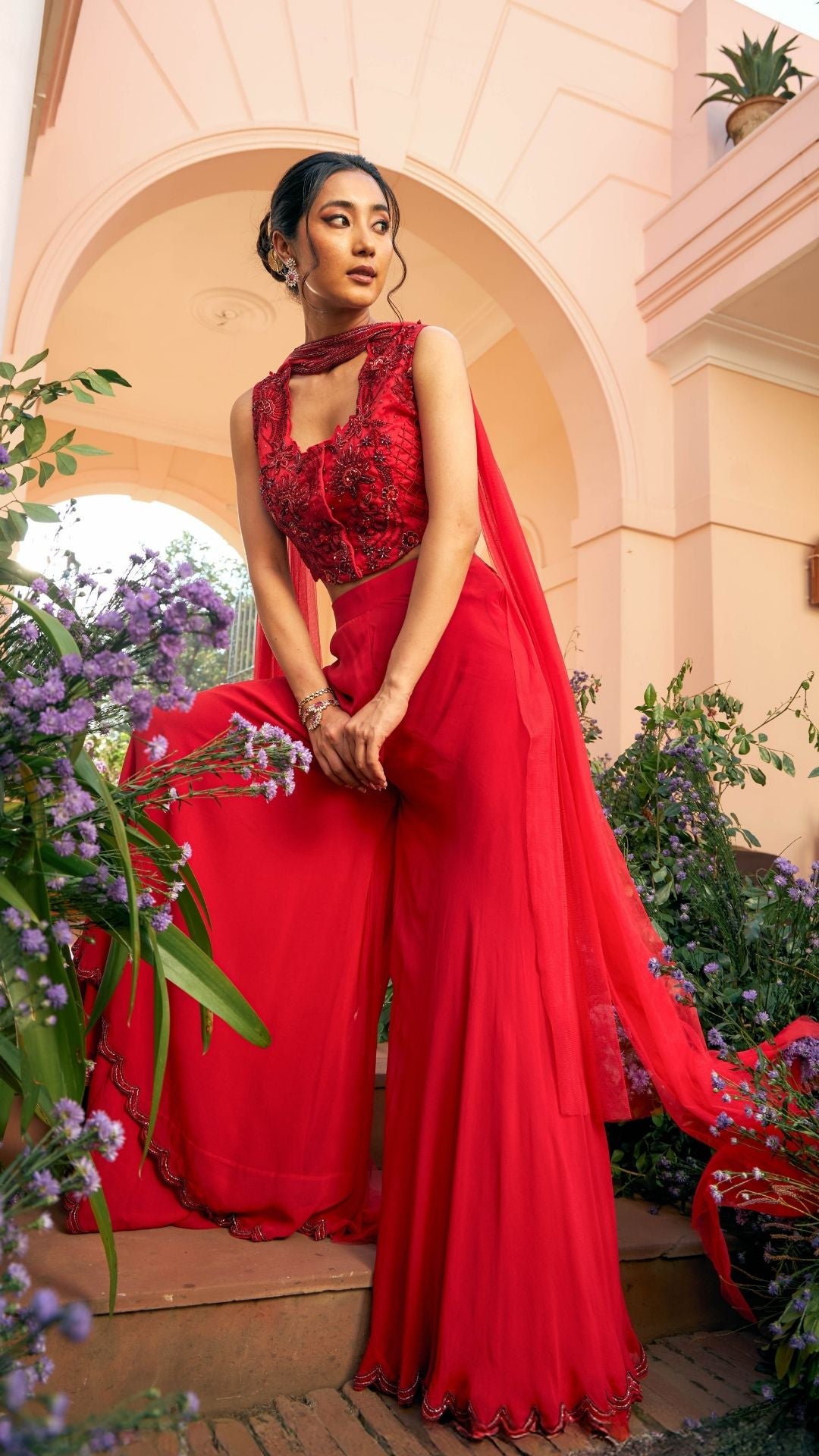 Hot Red Organza & Gerogette Sharara set