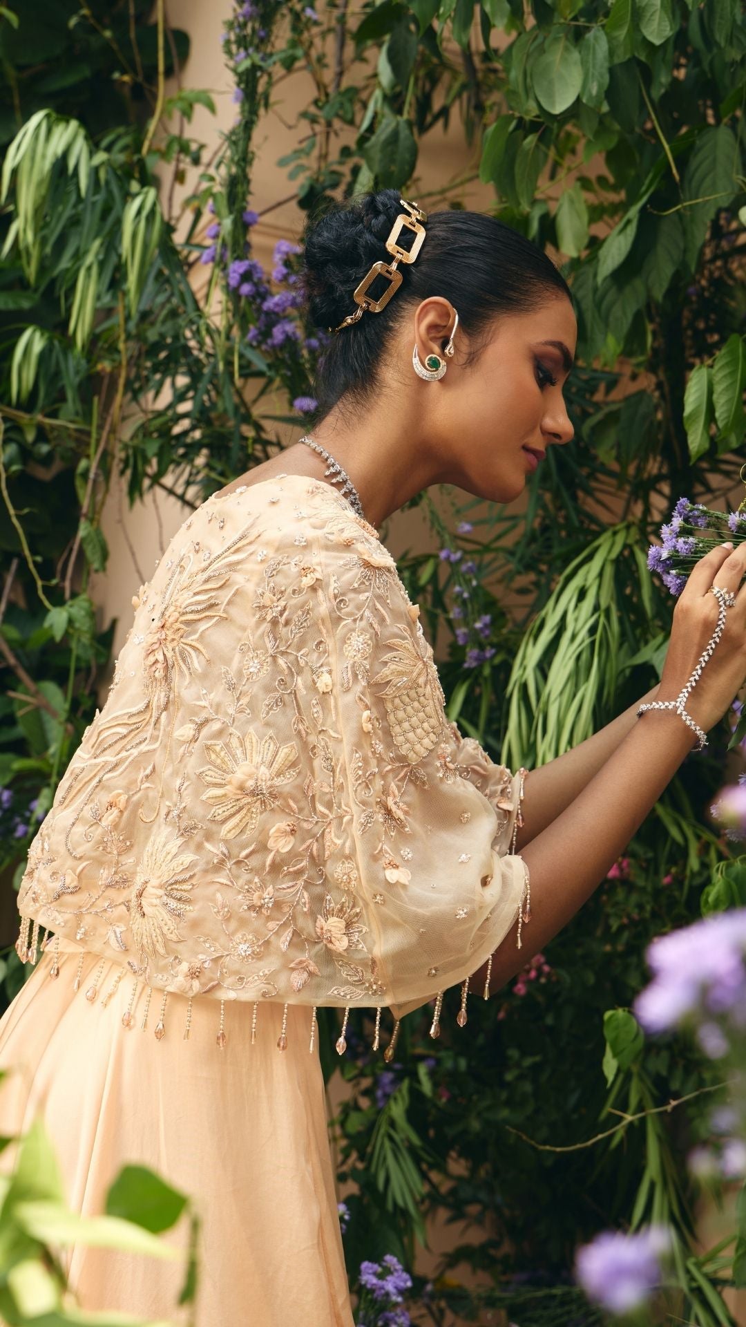 Peach Organza  & Satin Organza Cape with Skirt