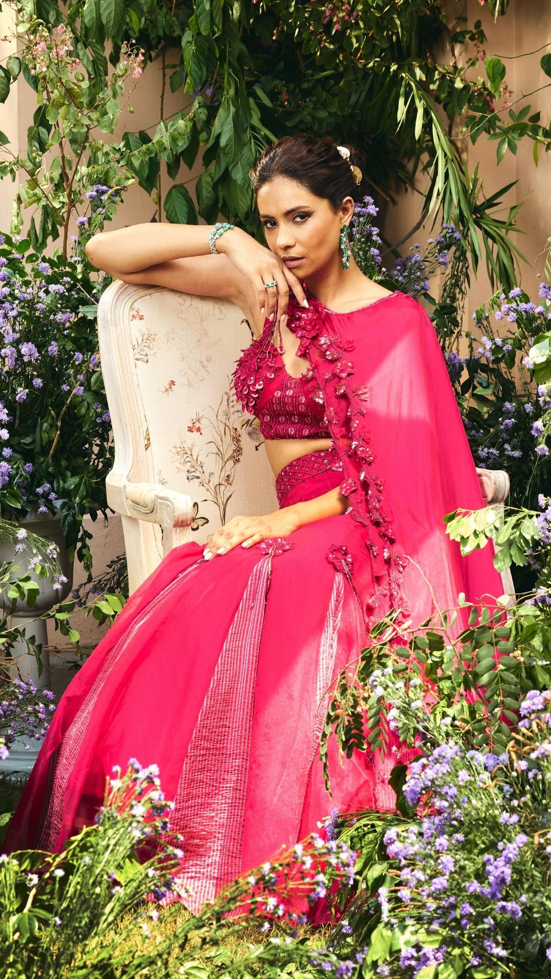 Hot Pink Organza cape with Crushed Jacquard Stripe & Silk Skirt Set