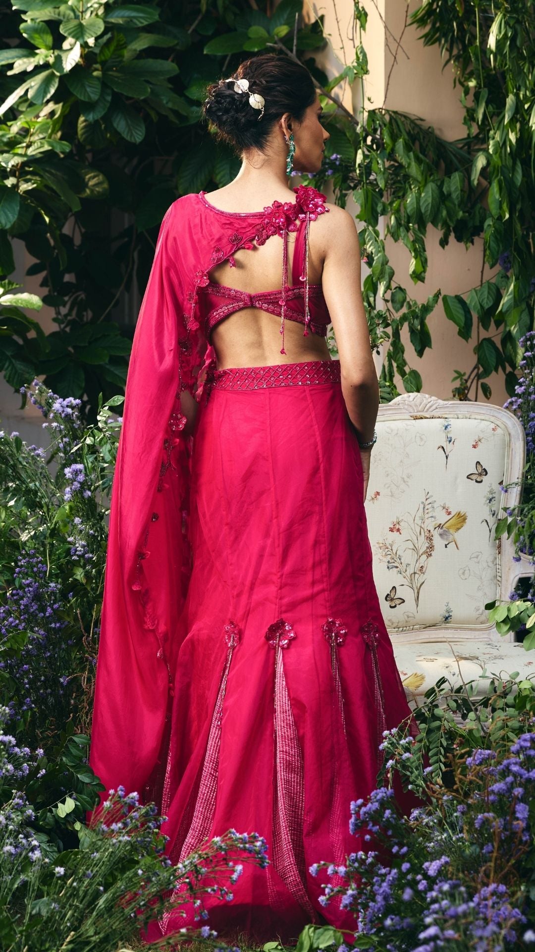 Hot Pink Organza cape with Crushed Jacquard Stripe & Silk Skirt Set