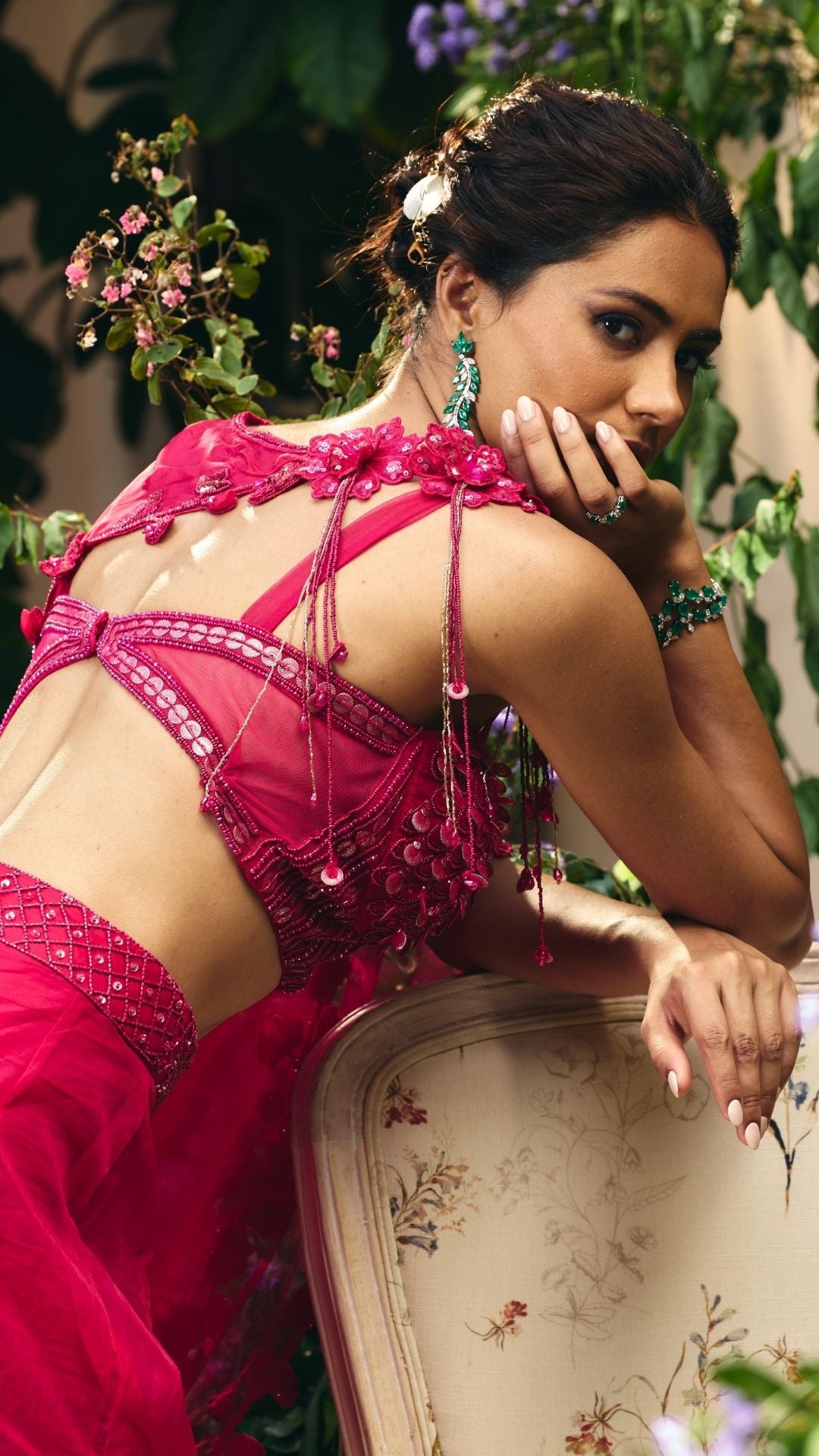 Hot Pink Organza cape with Crushed Jacquard Stripe & Silk Skirt Set