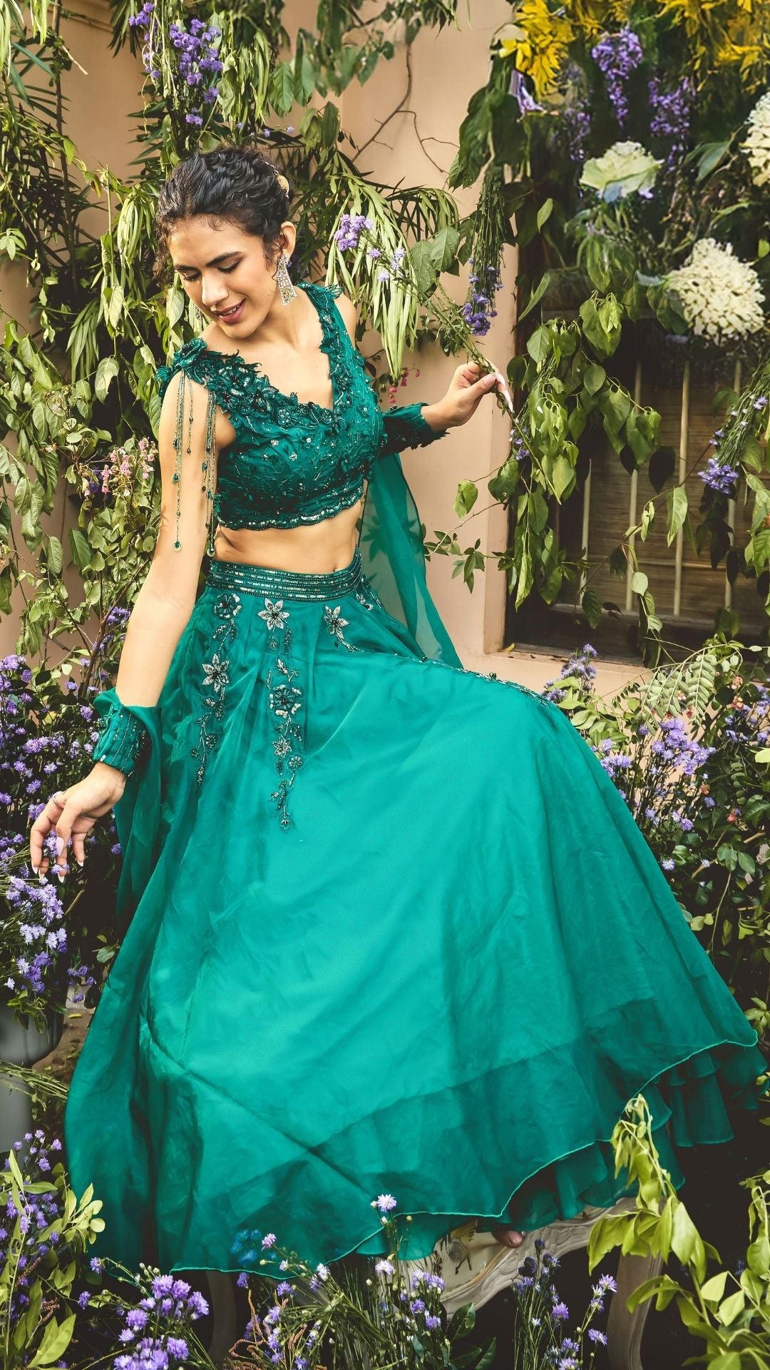 Emerald Green embroidered Organza Skirt Set