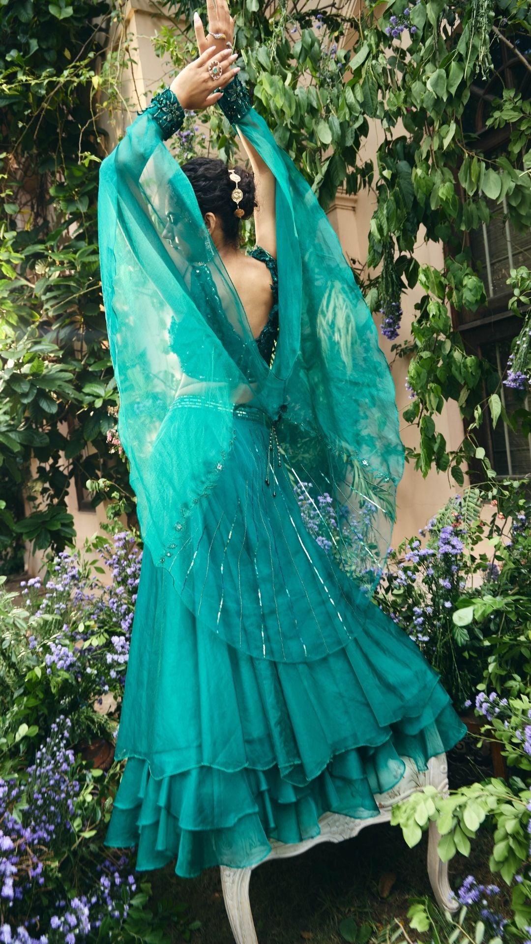 Emerald Green embroidered Organza Skirt Set