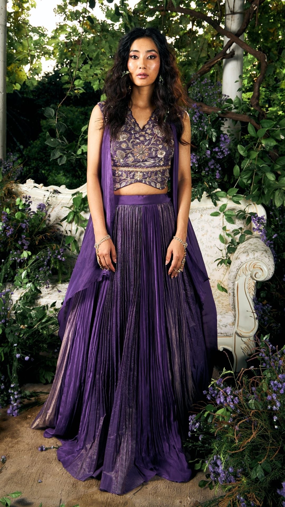 Purple Chanderi zari ,Crepe & Tissue Skirt Set