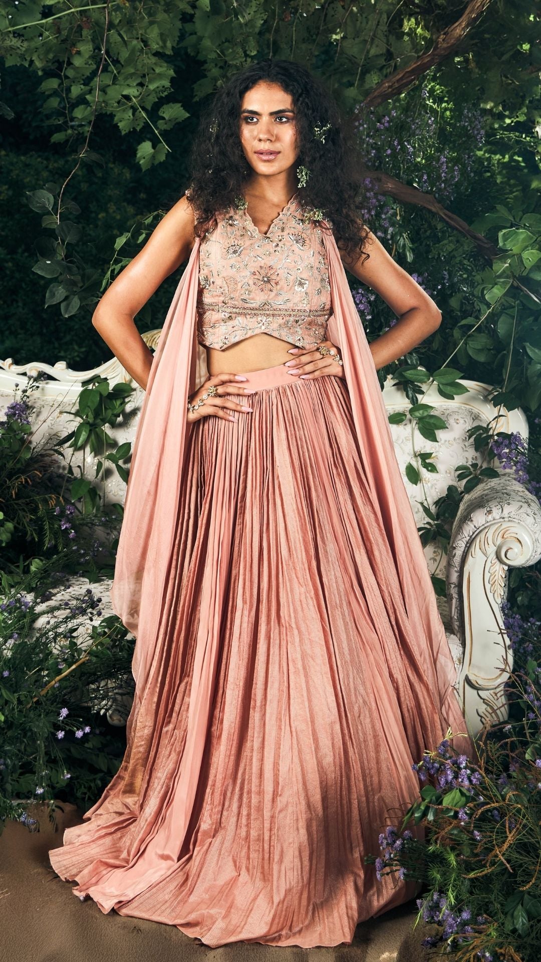 Peach pink Chanderi zari ,Crepe & Tissue Skirt Set