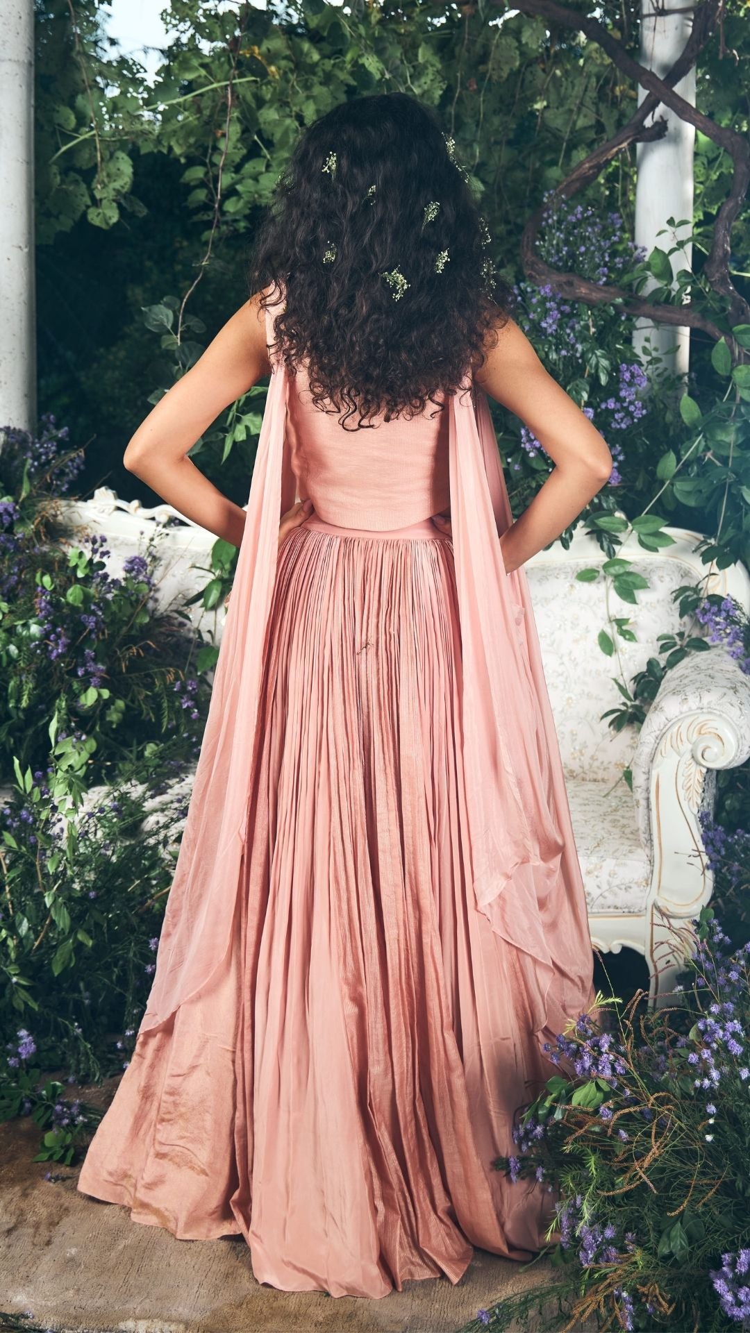 Peach pink Chanderi zari ,Crepe & Tissue Skirt Set