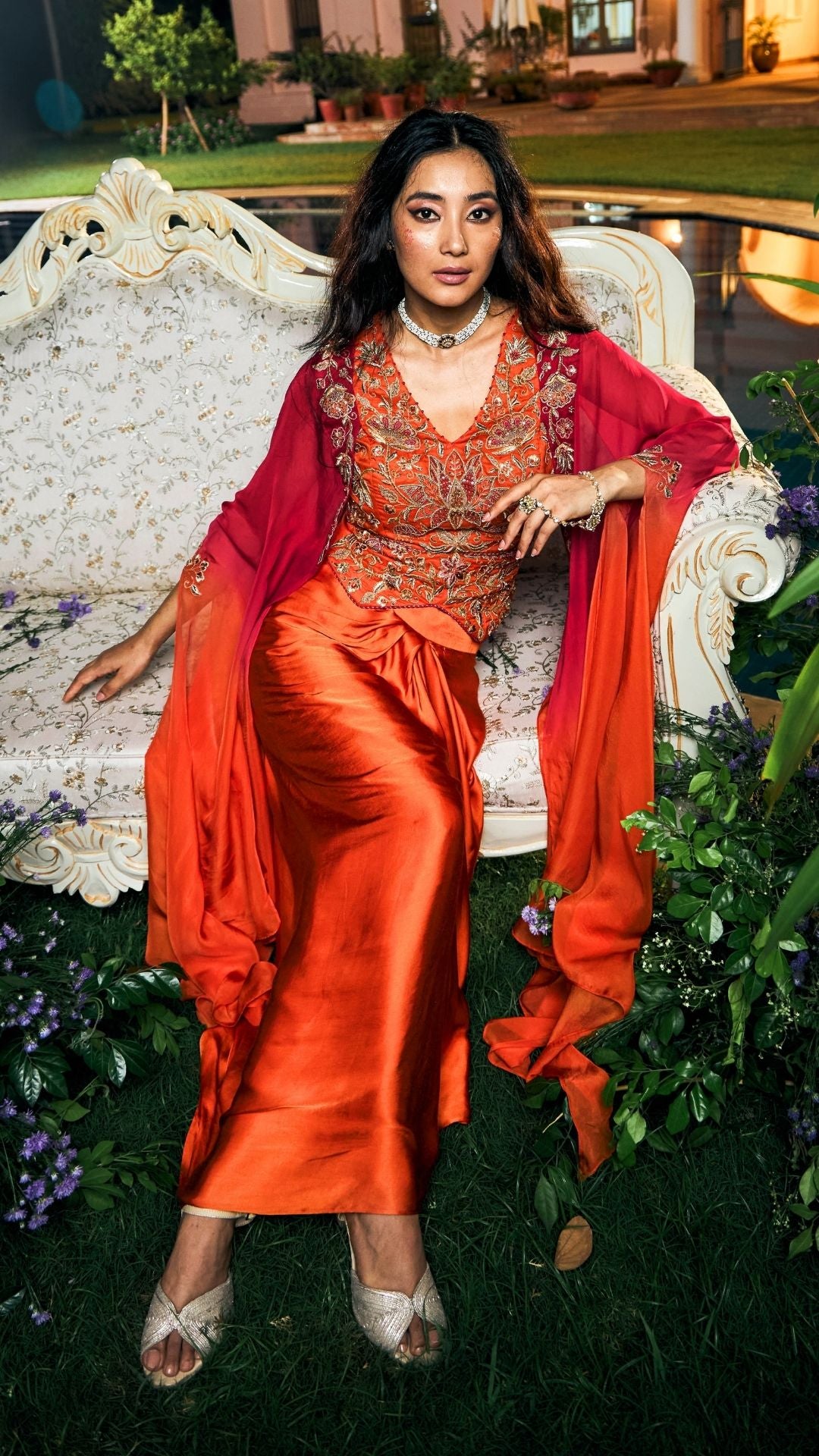 Orange ombre Organza  & Modal Satin Drape Skirt Set