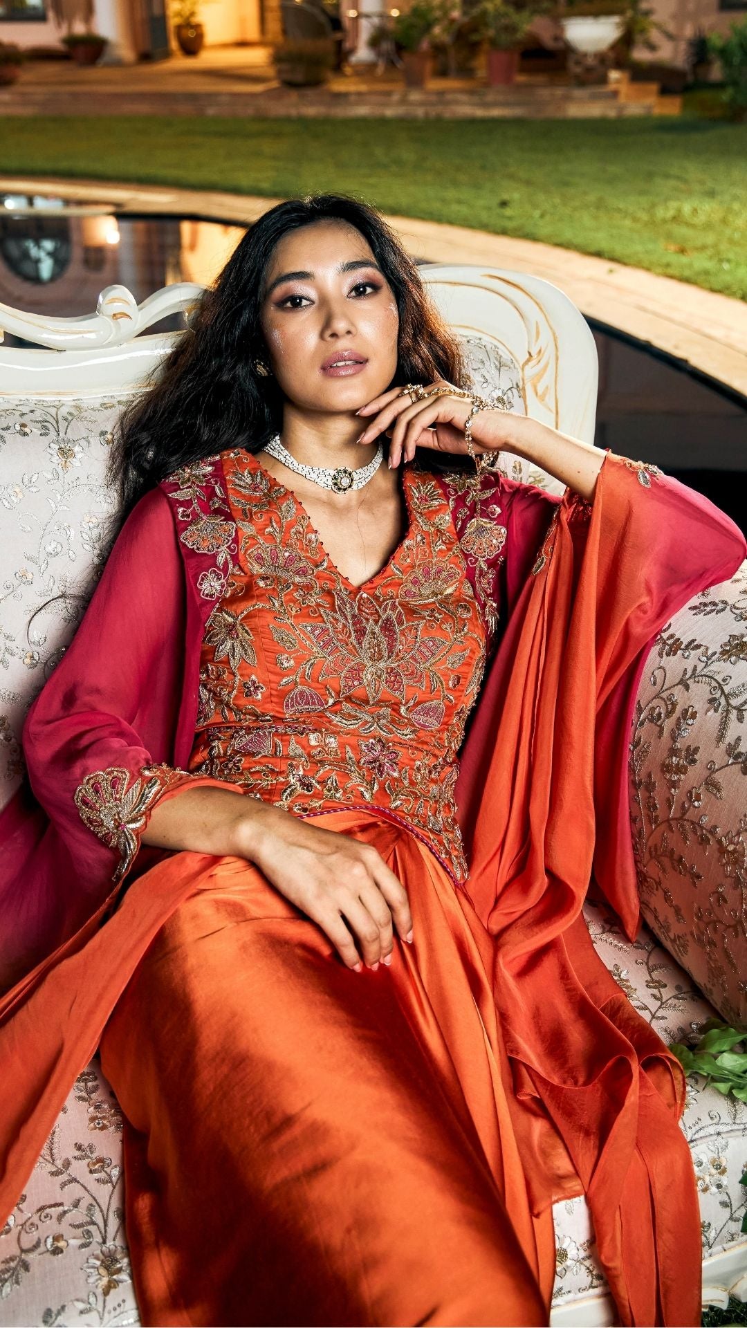 Orange ombre Organza  & Modal Satin Drape Skirt Set