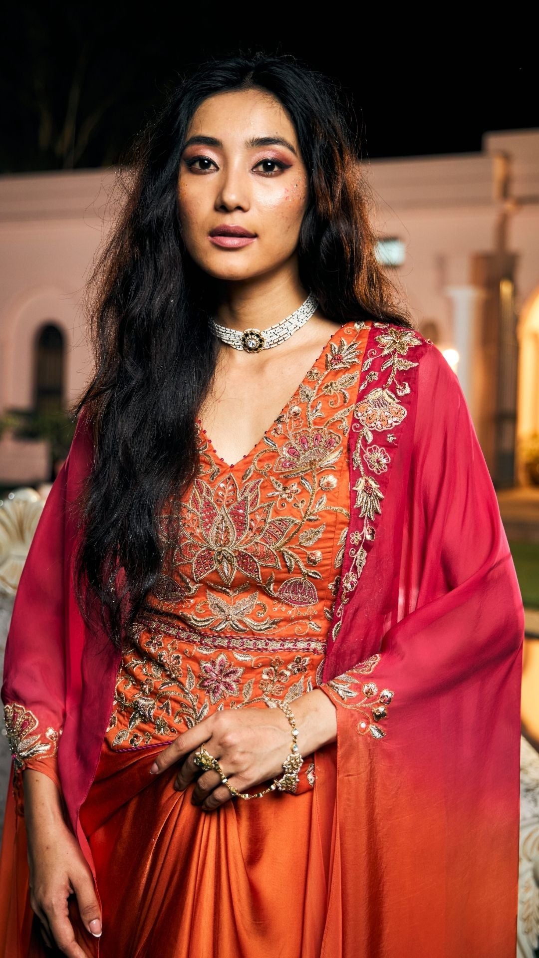 Orange ombre Organza  & Modal Satin Drape Skirt Set