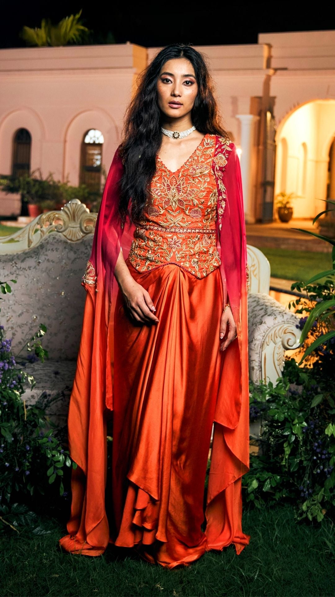 Orange ombre Organza  & Modal Satin Drape Skirt Set