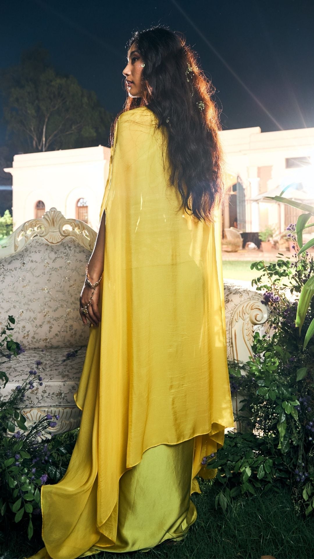 Lime Green Banarsi Butti , Organza  & Modal Satin Drape Skirt Set