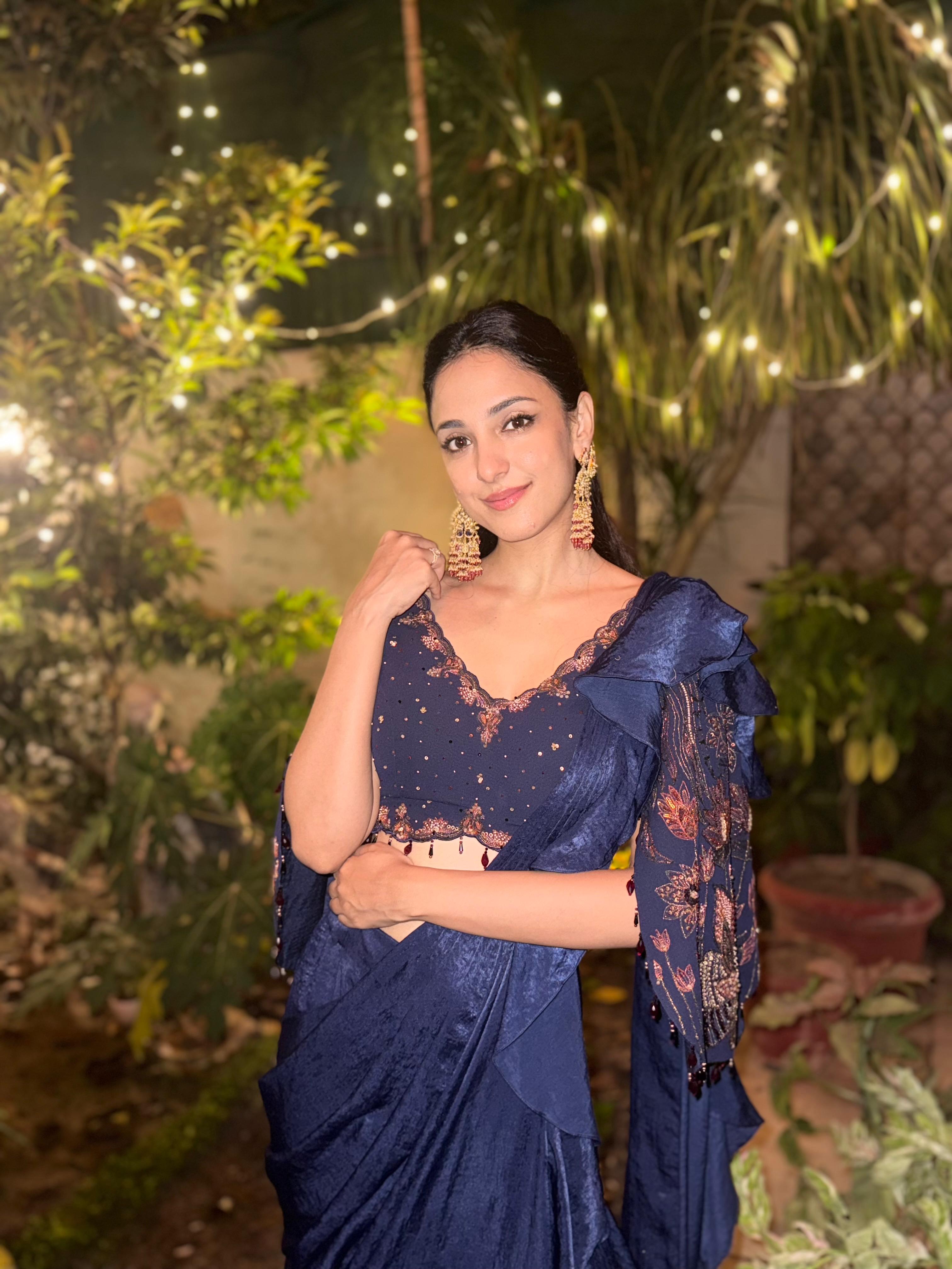 Midnight blue satin embroidered drape saree set