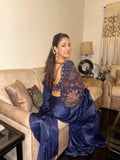 Midnight blue satin embroidered drape saree set