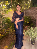 Midnight blue satin embroidered drape saree set