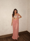 Peach and gold Chanderi Zari blouse pant saree set