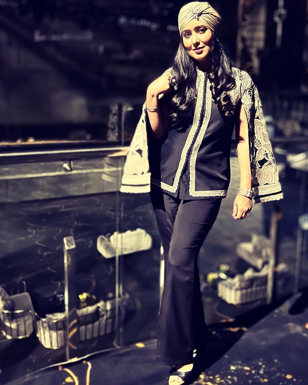 Black Hand Embroidered Cape Jacket Set