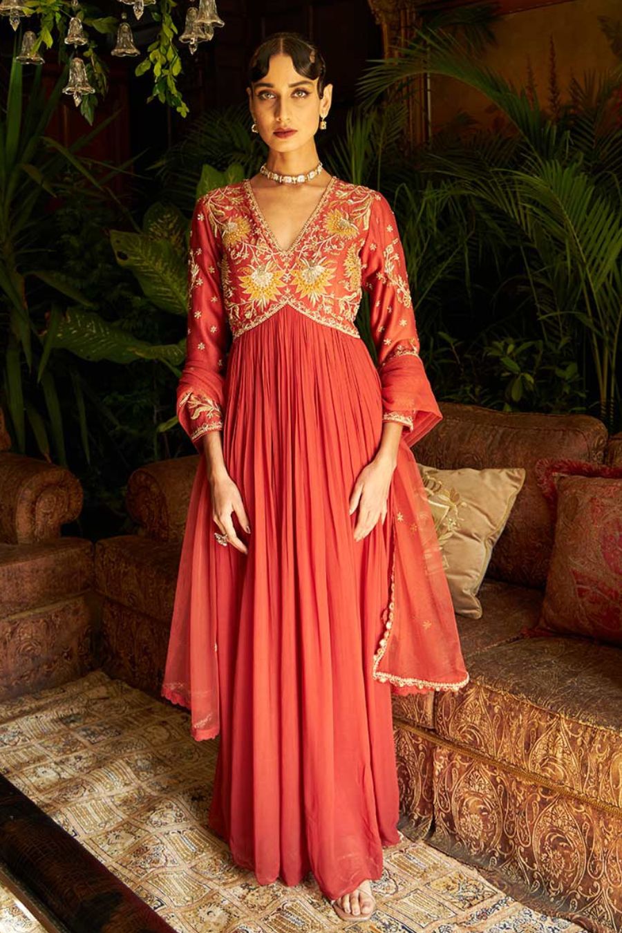Rust Chanderi & Georgette Embroidered Anarkali Set