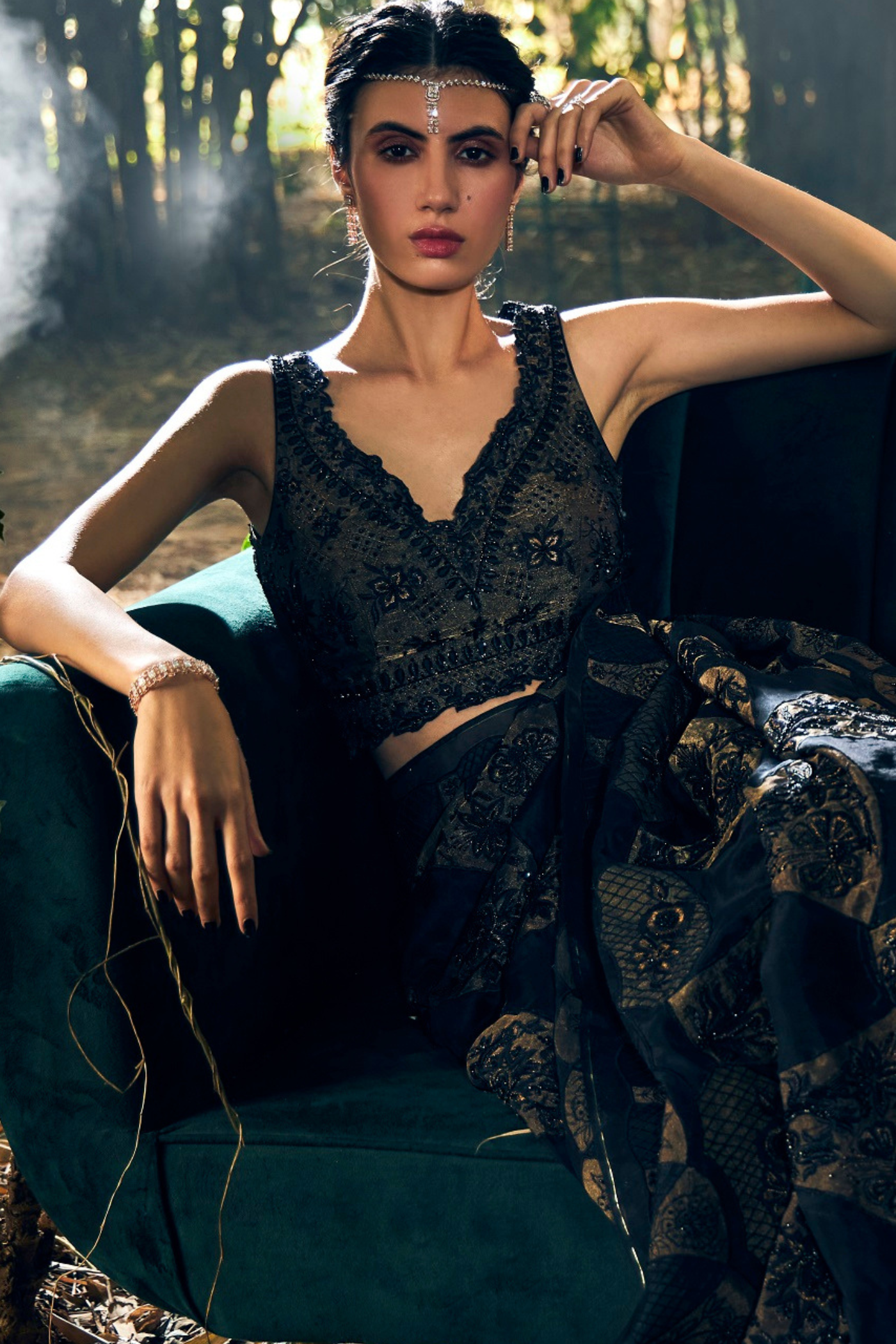 Black Tissue & Organza Embroidered Saree Set