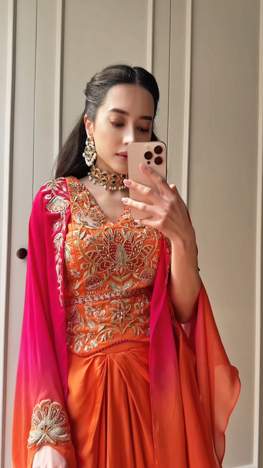 Orange ombre Organza  & Modal Satin Drape Skirt Set