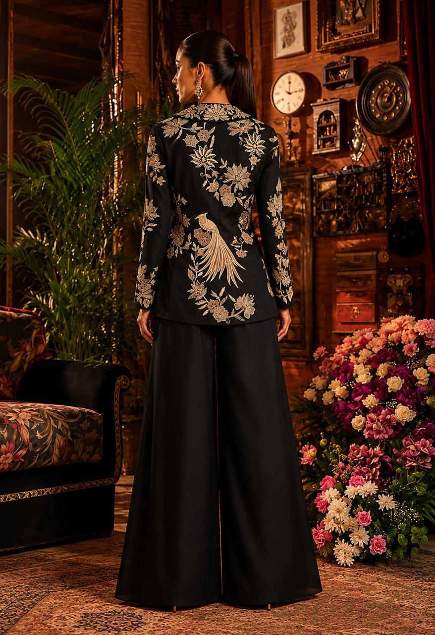 Black and White Embroidered Jacket and Pant Set