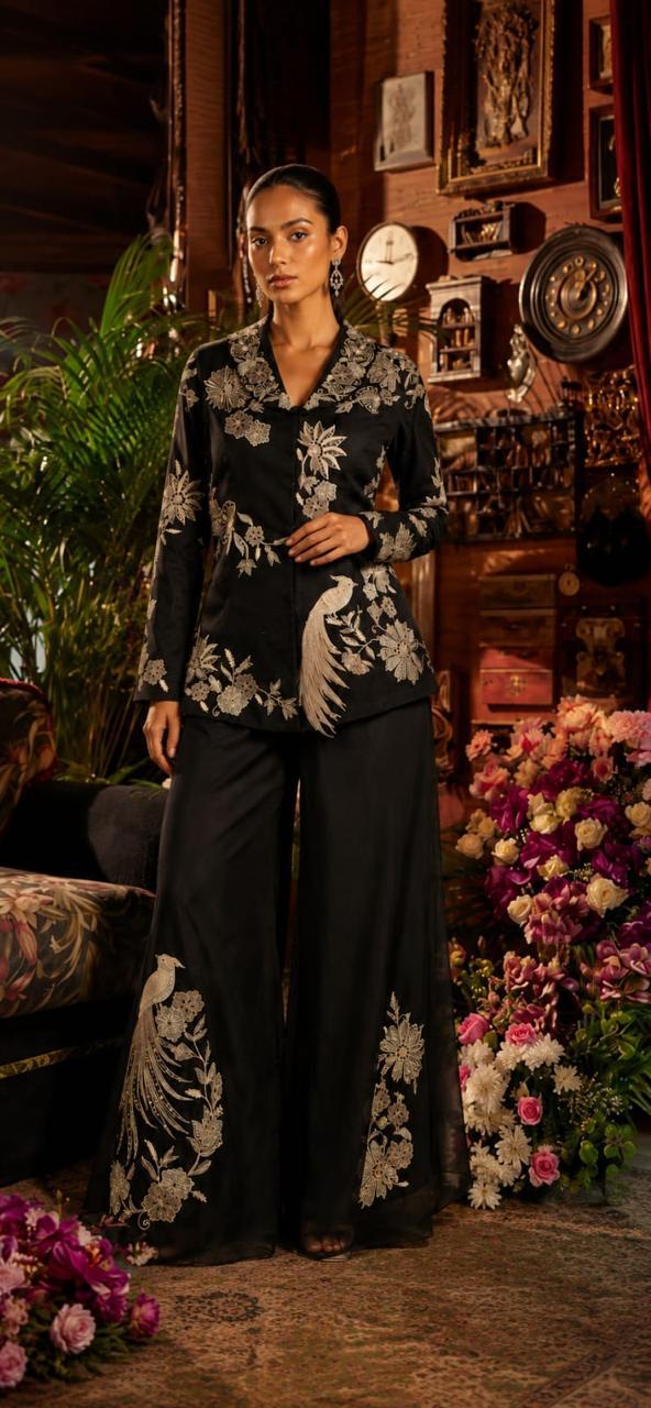 Black and White Embroidered Jacket and Pant Set