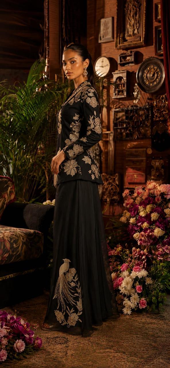 Black and White Embroidered Jacket and Pant Set