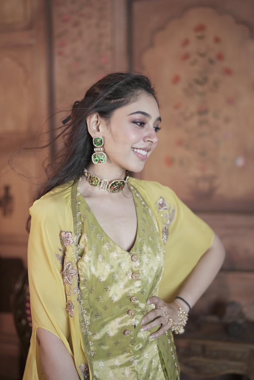 Lime Green Banarsi Butti , Organza  & Modal Satin Drape Skirt Set