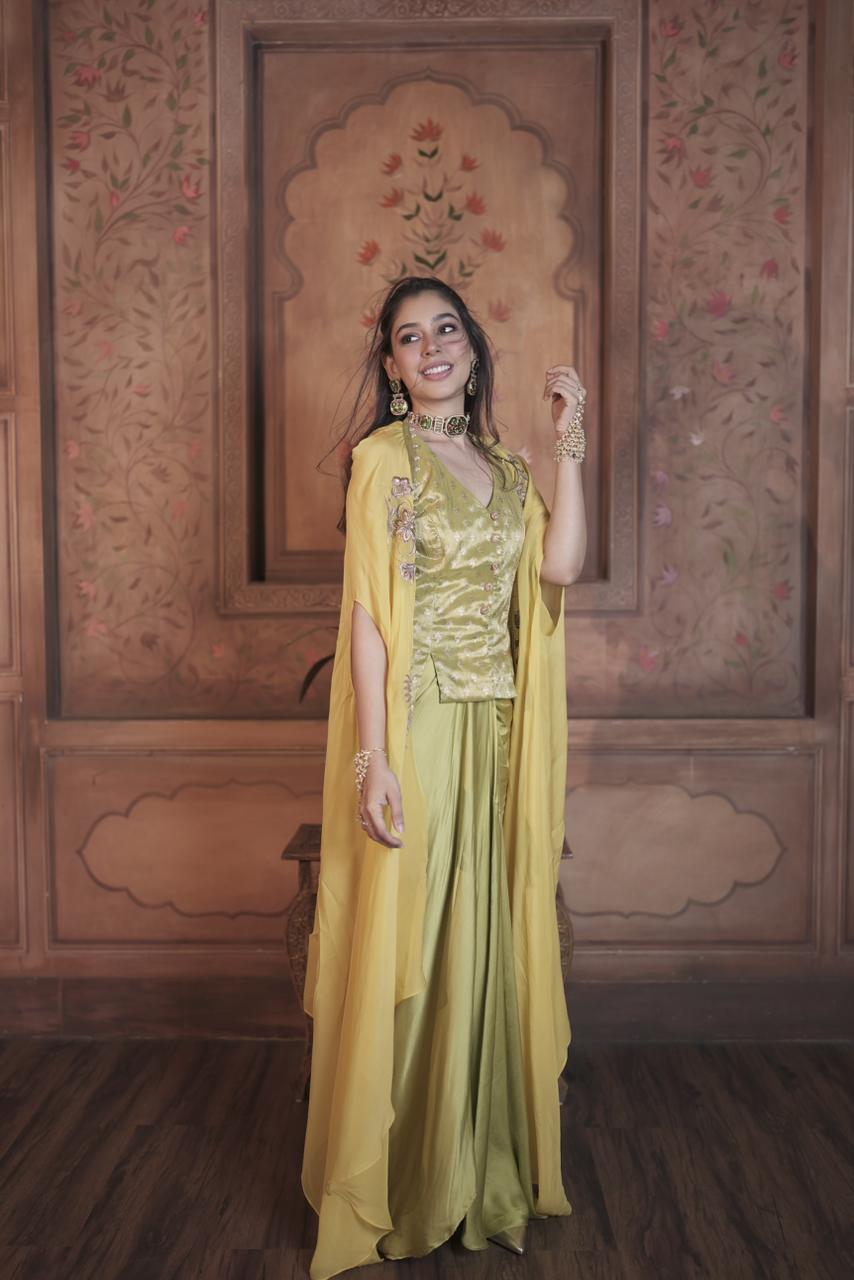 Lime Green Banarsi Butti , Organza  & Modal Satin Drape Skirt Set
