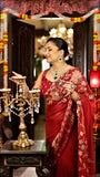 Deep red crepe Silk Hand Embroidered Saree Set