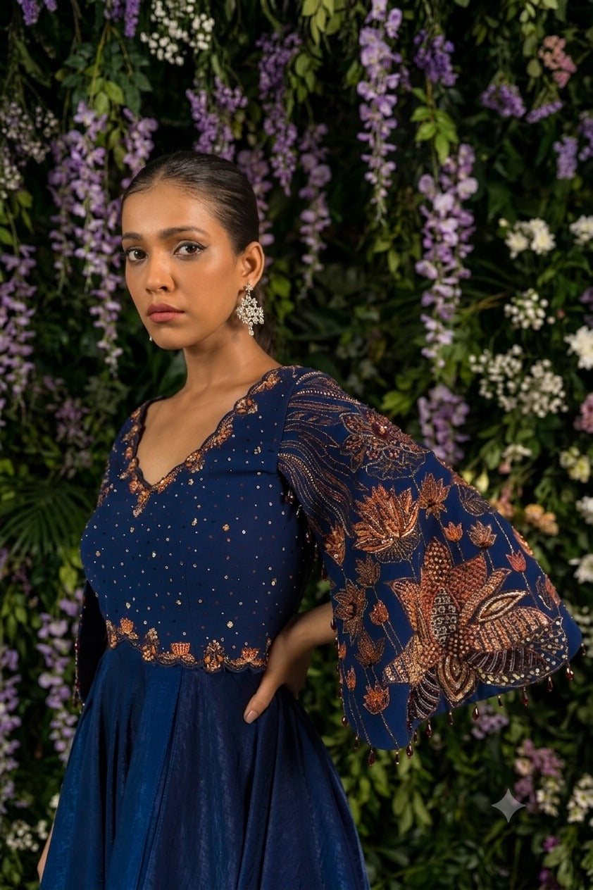 Midnight blue cape sleeves satin asymmetric gown