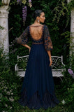 Midnight blue cape sleeves satin asymmetric gown
