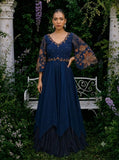 Midnight blue cape sleeves satin asymmetric gown