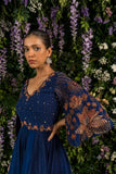 Midnight blue cape sleeves satin asymmetric gown
