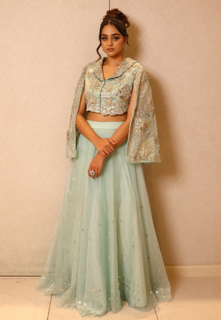 Mint Cape Jacket Skirt Set