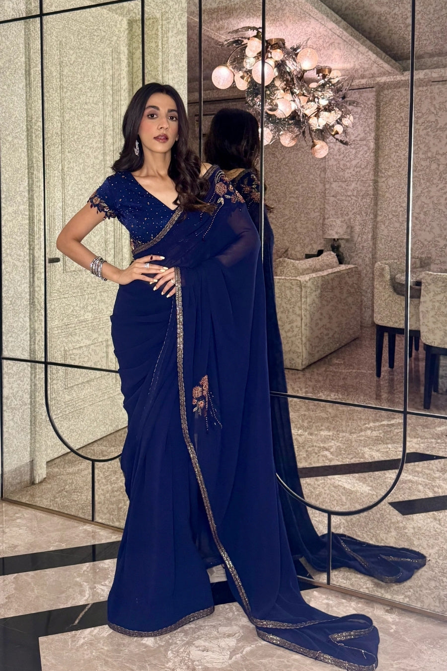 Mid Night Blue georgette & Satin Orangza  Saree Set