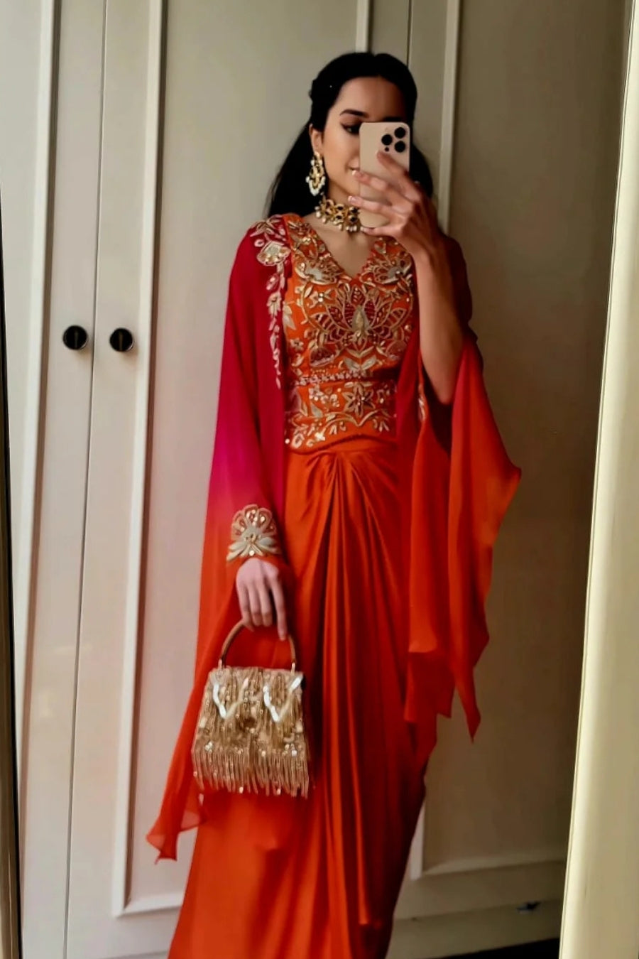 Orange ombre Organza  & Modal Satin Drape Skirt Set