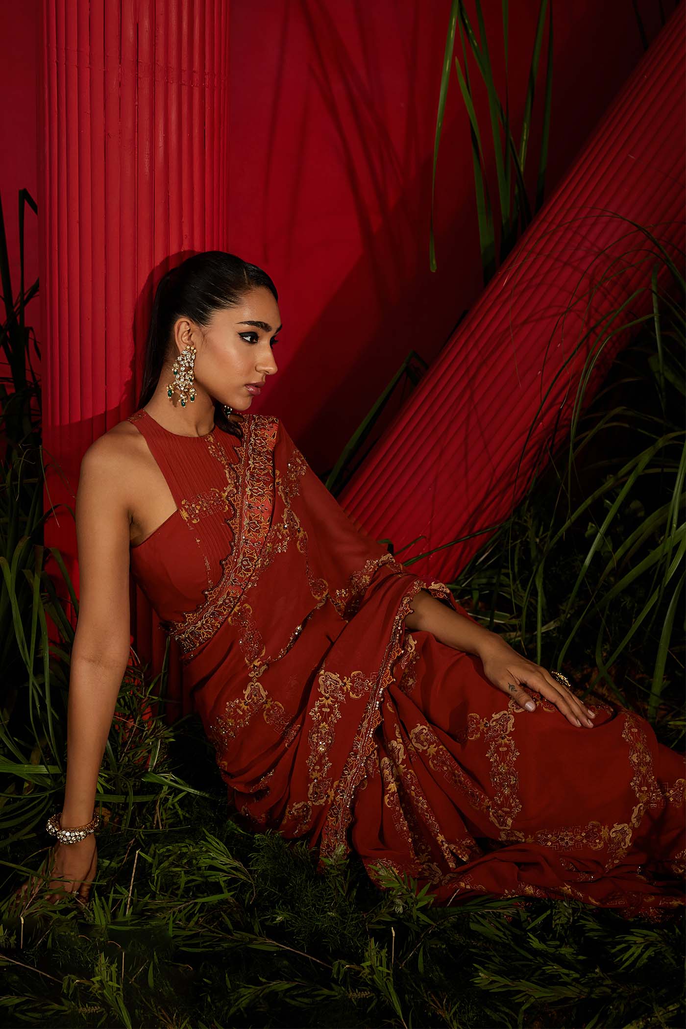 Rust Silk Georgette Printed & Embroidered Saree Set