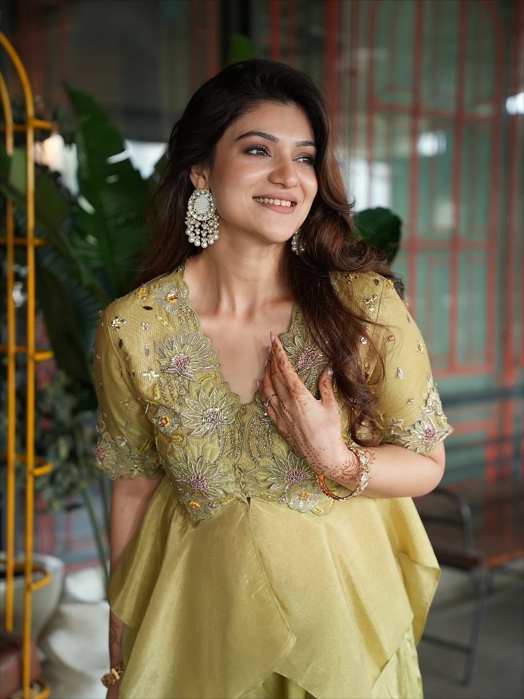 Pista green banarasi tissue peplum set