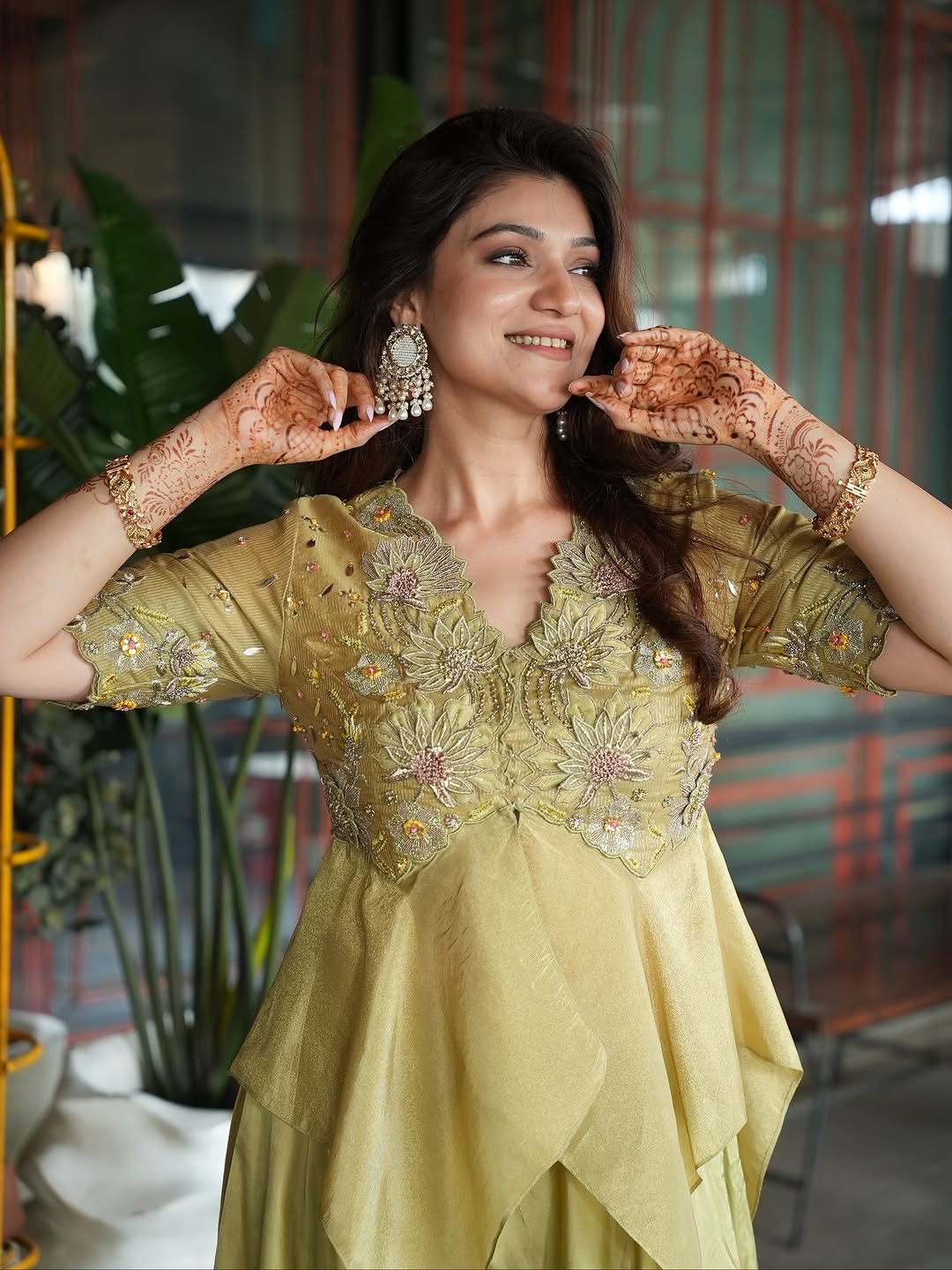 Pista green banarasi tissue peplum set