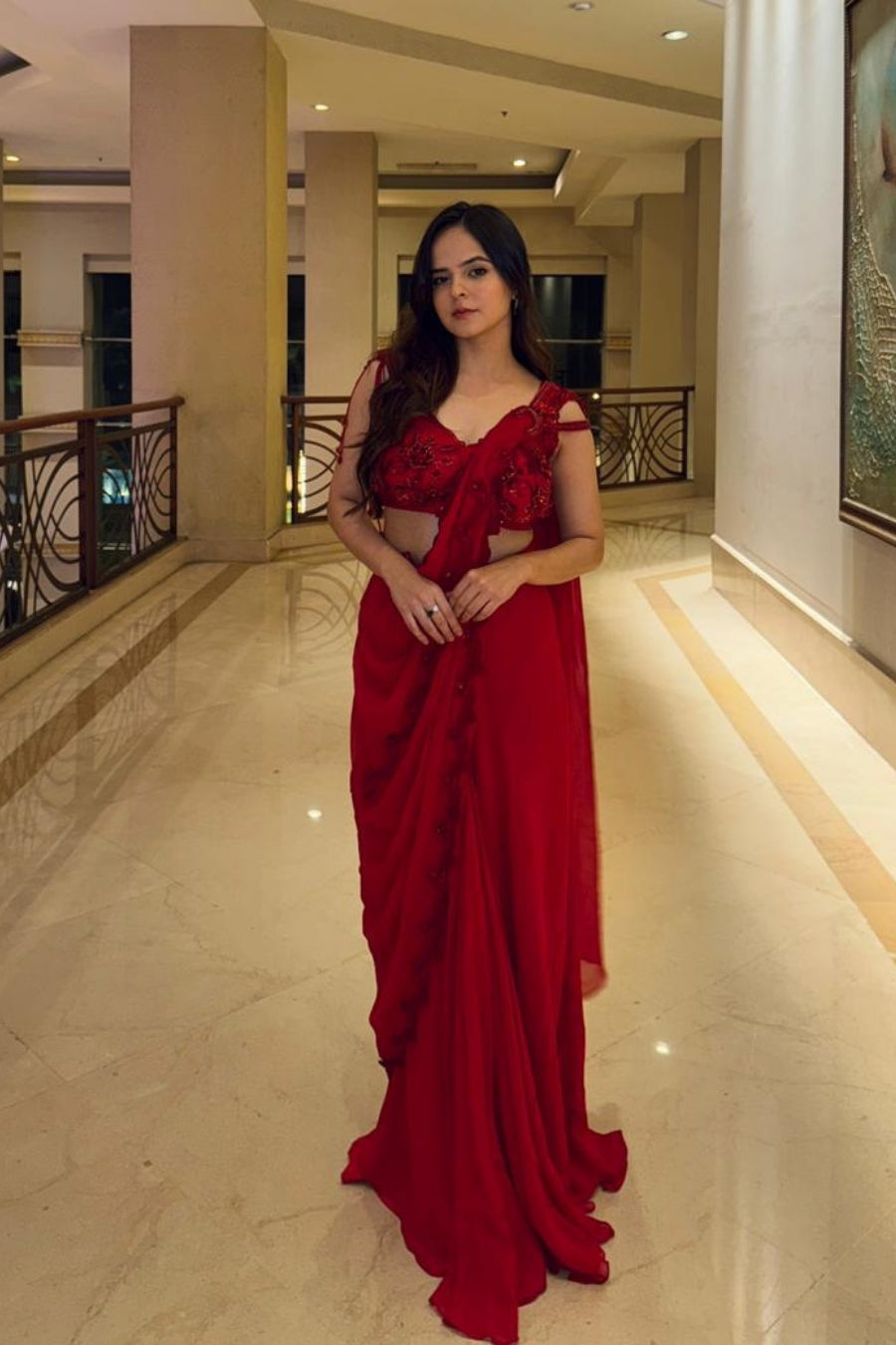 Hot Red Gerogette & Organza Drape Saree set