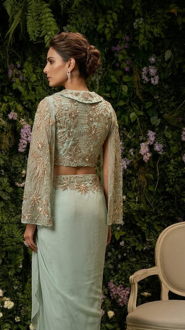Mint Jacket and asymmetric Drape  Skirt Set