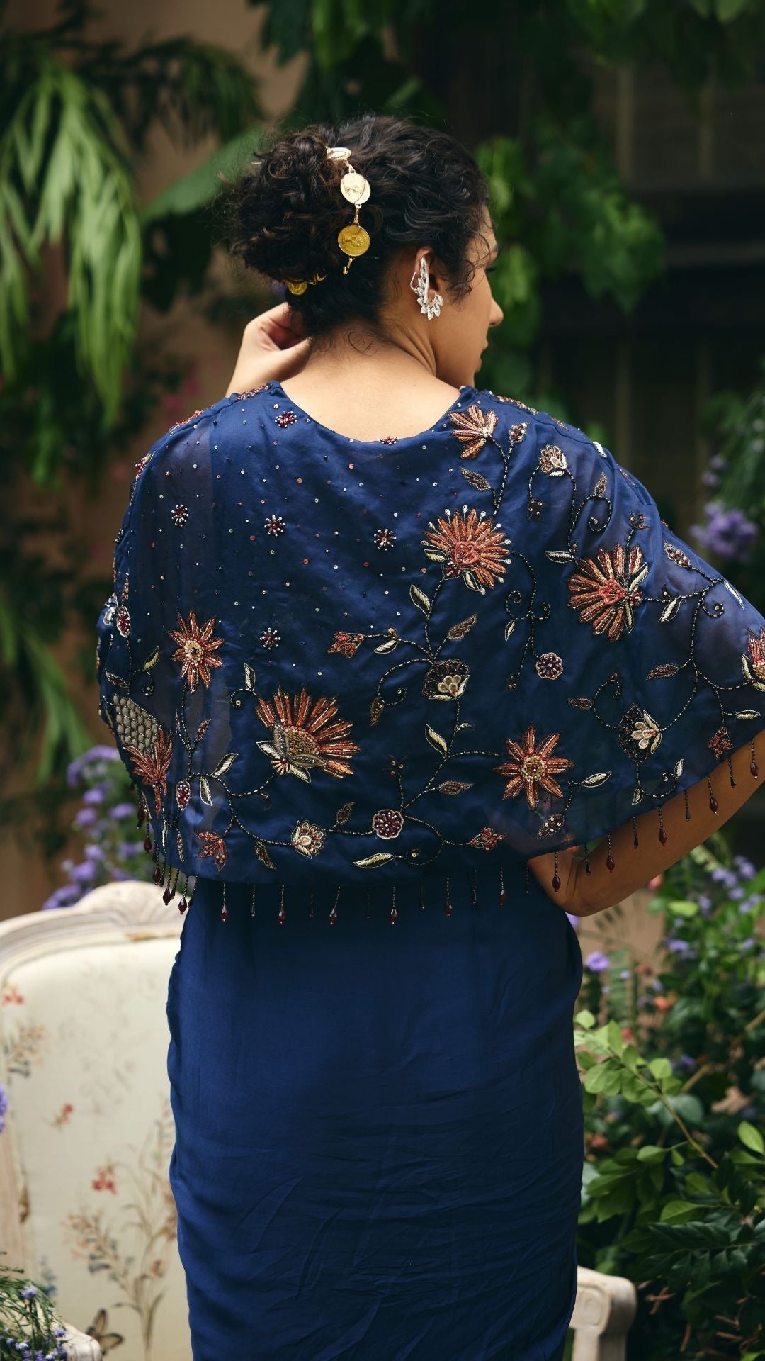 Mid Night Blue Organza & Modal Satin embroidered cape gown