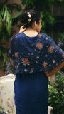 Mid Night Blue Organza & Modal Satin embroidered cape gown