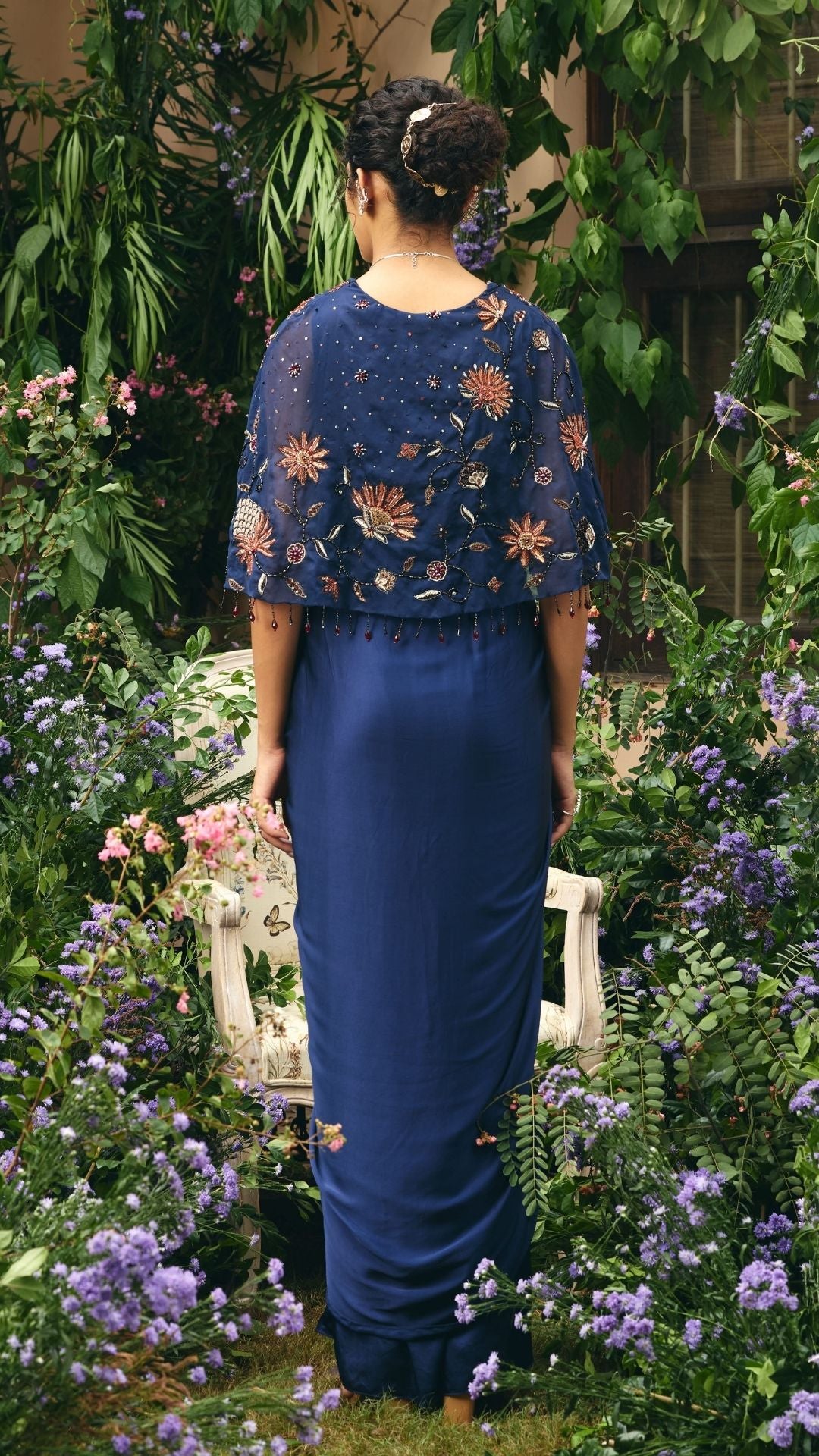 Mid Night Blue Organza & Modal Satin embroidered cape gown