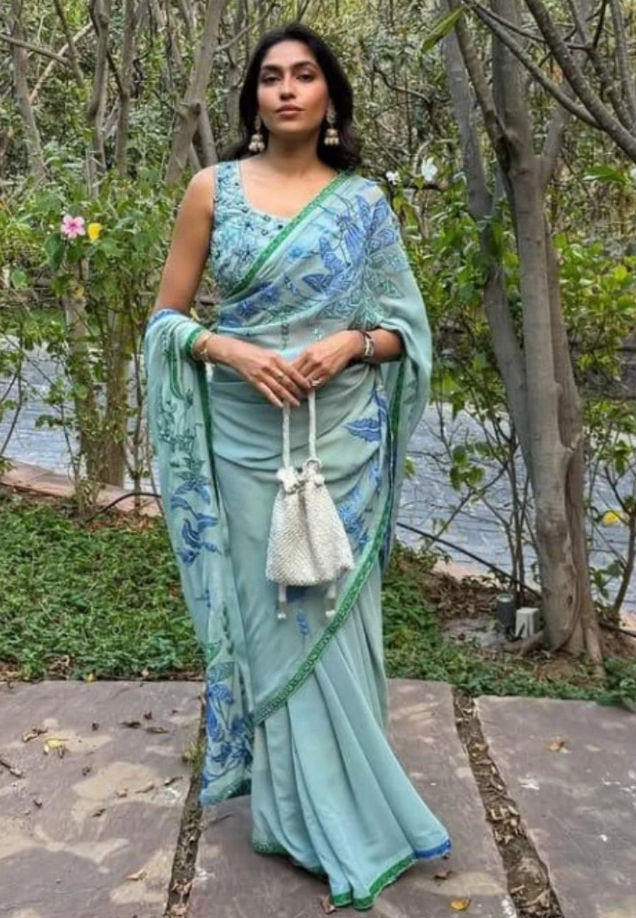Mint silk georgette embroidered saree set