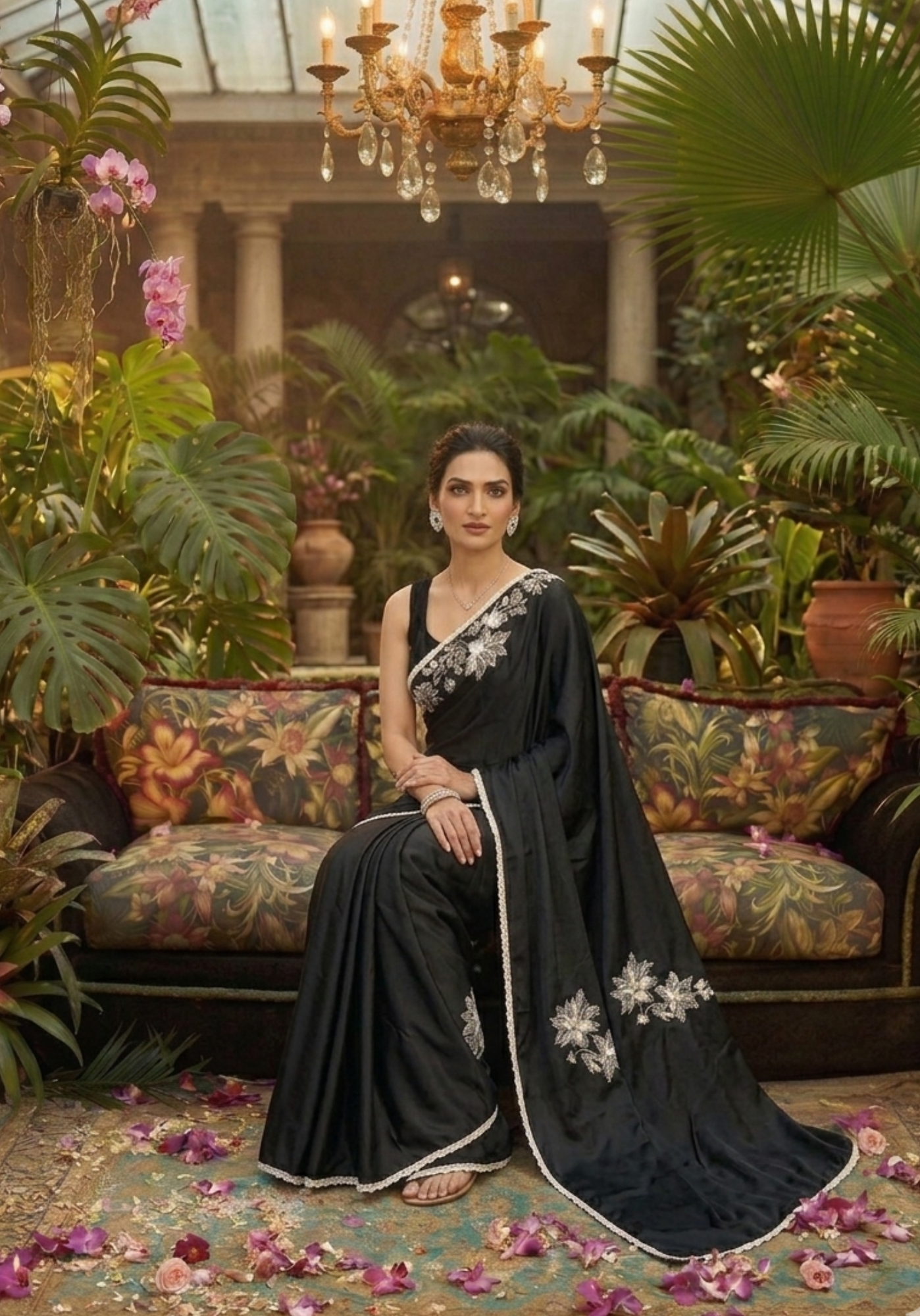 Black & White Silk Satin Organza Saree