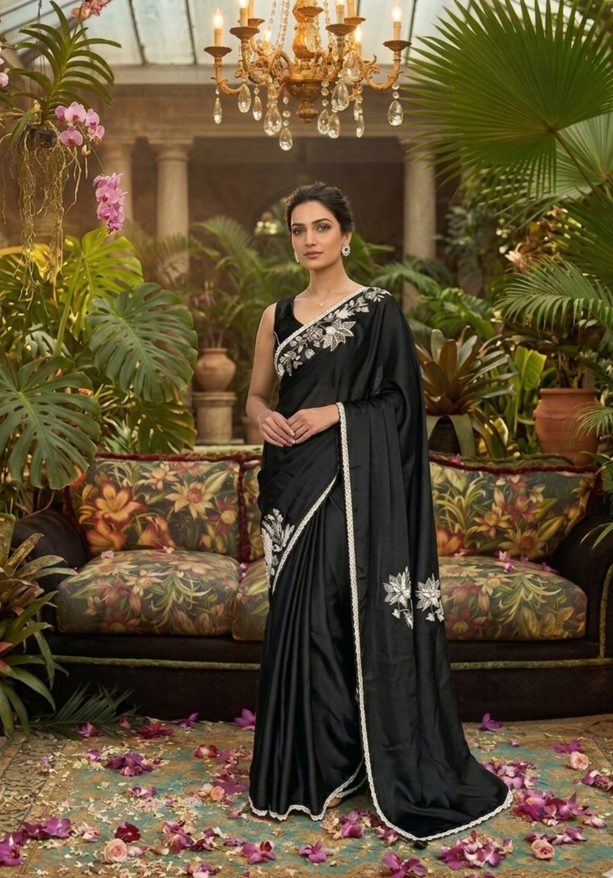 Black & White Silk Satin Organza Saree