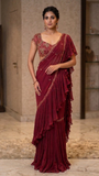 Wine & Gold Georgette Frill Saree