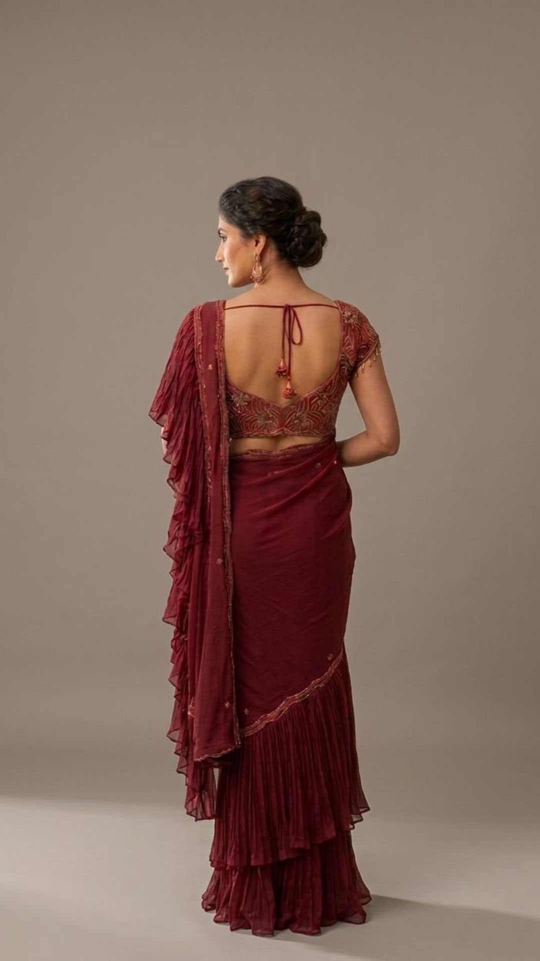 Wine & Gold Georgette Frill Saree